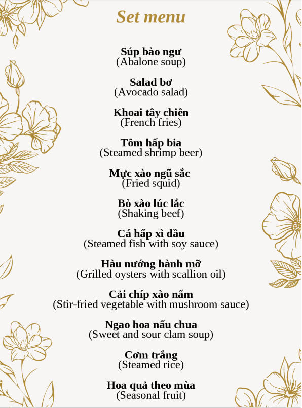 Set Menu du thuyền Tatiya áp dụng đoàn dưới 20 khách